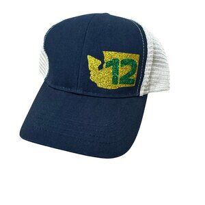 Seattle Seahawks 12th Man Navy & White Trucker Hat With Glitter State Graphic Sn